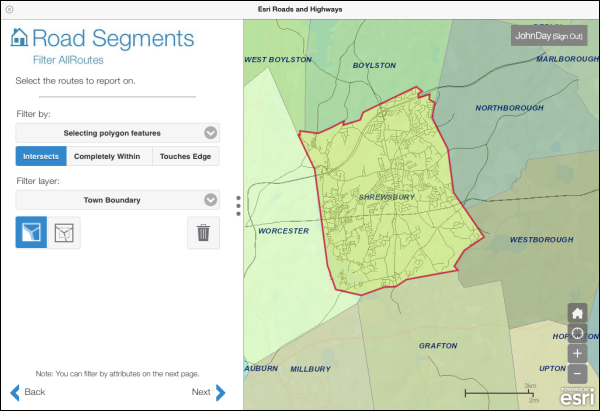 Selecting routes that intersect a town boundary